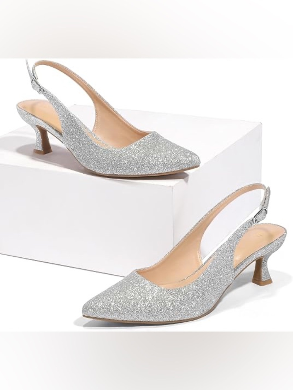Mysoft Silver Glitter Slingback Kitten Heel Pumps Sz 8.5 NWT